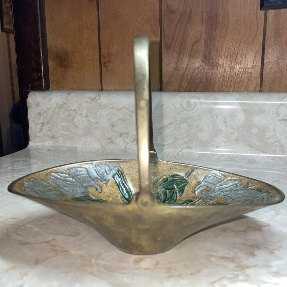 Rare Vintage‎ Brass &Enamel Cloisonne handled trinket bowl BEAUTIFUL